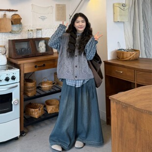 胖薯大码韩版日系复古针织马甲衬衫两件套秋季宽松叠穿通勤套装女