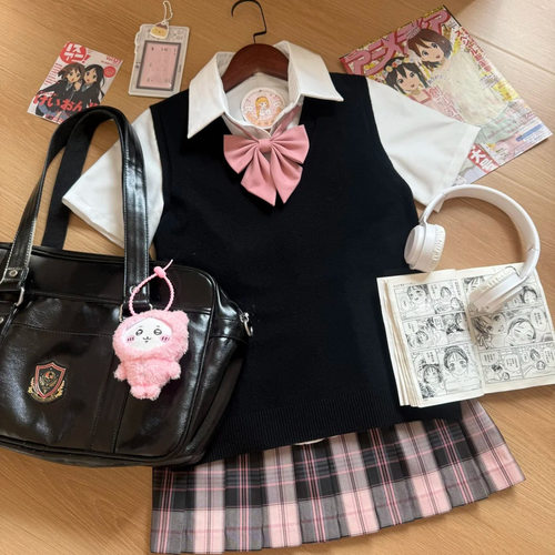 胖薯大码jk制服夏季学院风甜美纯色套头背心衬衫格裙校供感一整套