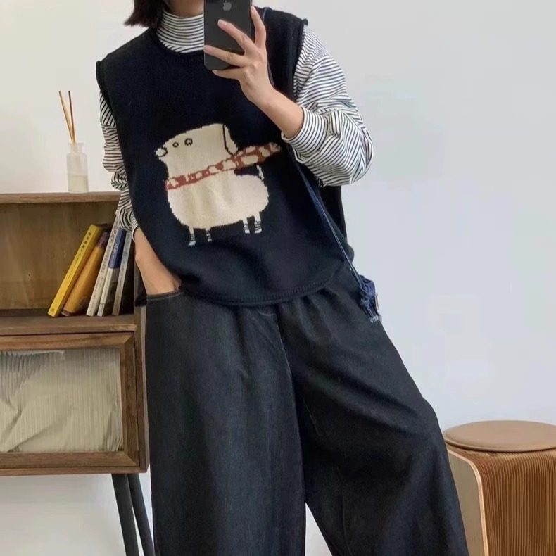 胖薯大码日系秋冬设计满分卡通印花圆领套头加厚休闲无袖针织背心