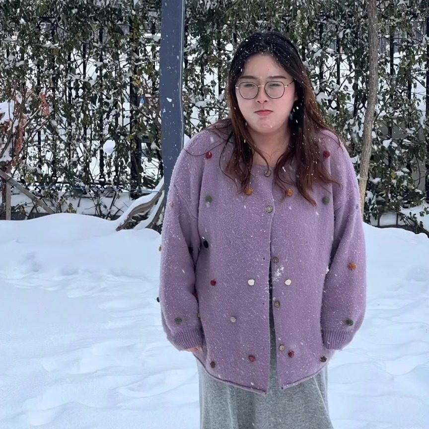 胖薯大码秋季宽松慵懒风软糯粉紫色毛衣外套新款秋冬针织开衫外套