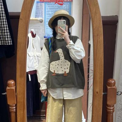 胖薯大码春秋冬季针织马甲背心女新款叠穿衬衫v领坎肩毛衣学院风