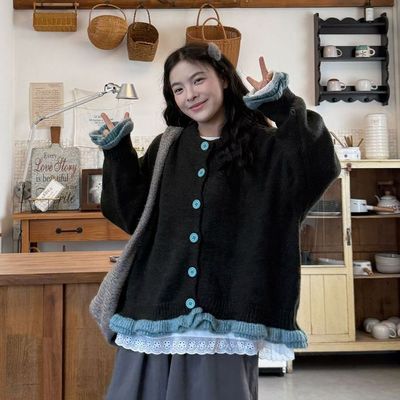 胖薯大码针织开衫长袖圆领毛衣外套新款慵懒风中长款宽松撞色上衣