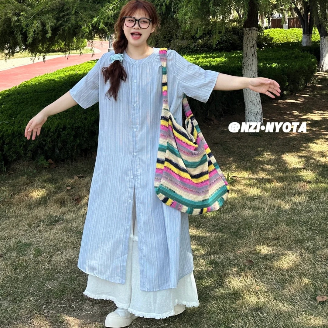 胖薯大码温柔风宽松休闲百搭蓝色衬衫裙连衣裙女装夏季叠穿长裙子
