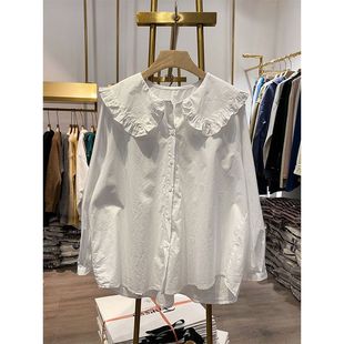 复古长袖 宽松百搭减龄娃娃领荷叶边衬衫 衬衣潮女 2023韩版 胖薯大码