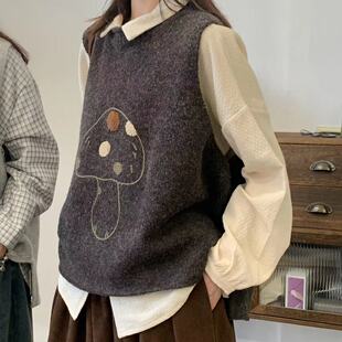 胖薯大码 百搭叠穿卡通蘑菇针织马甲显瘦软糯坎肩显瘦马夹 秋冬新款