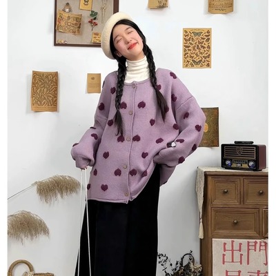 胖薯大码紫色开衫毛衣外套女秋冬新款复古宽松慵懒风休闲针织上衣