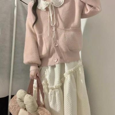 胖薯大码温柔系套装女秋冬小个子粉色毛衣外套娃娃领连衣裙两件套