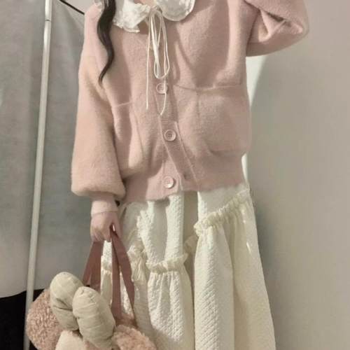 胖薯大码温柔系套装女秋冬小个子粉色毛衣外套娃娃领连衣裙两件套