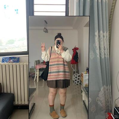 胖薯大码条纹针织马甲背心开衫女秋坎肩毛衣叠穿衬衫两件套上衣