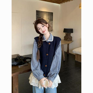 衬衣针织马甲背心女两件套 韩系格子拼接花边长袖 胖薯大码 春秋新款