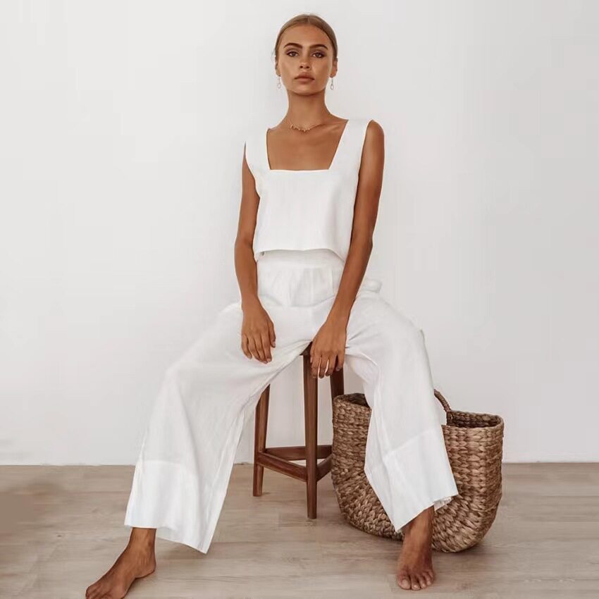 新款棉麻方领背心宽松阔腿裤休闲套装 vest wide leg pants suit