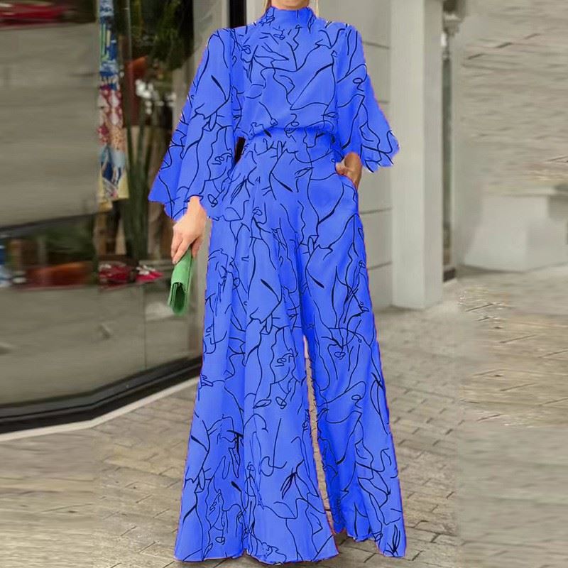 女气质休闲印花长袖宽松连体裤Women elegant printed Jumpsuit