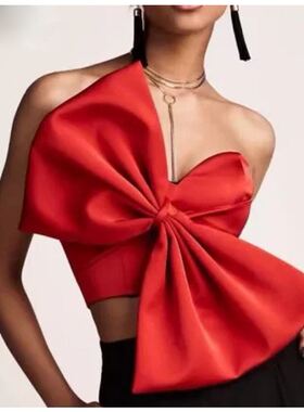 欧美大蝴蝶结红色女上衣表演走秀演出服直播裹胸 Women Tops Vest