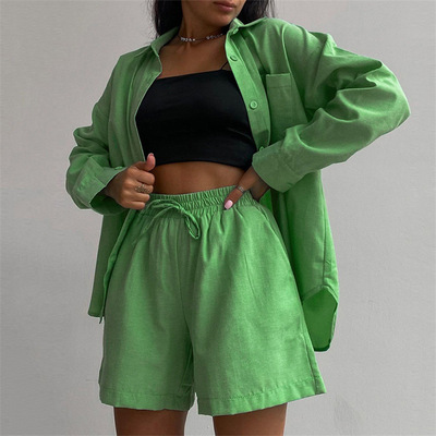 Women's Long Sleeve Shirt Top Straight Shorts Two Piece