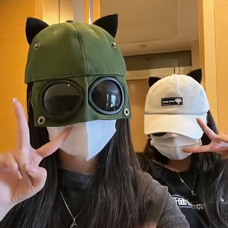 可爱带猫耳朵飞行员眼镜棒球帽子女春夏墨镜鸭舌帽女韩版百搭学生