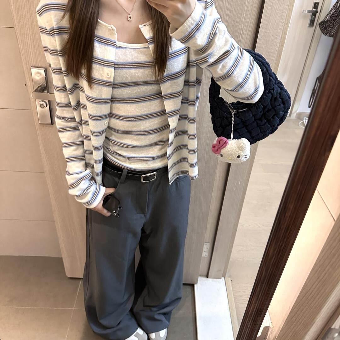 韩系条纹针织开衫女短款图片
