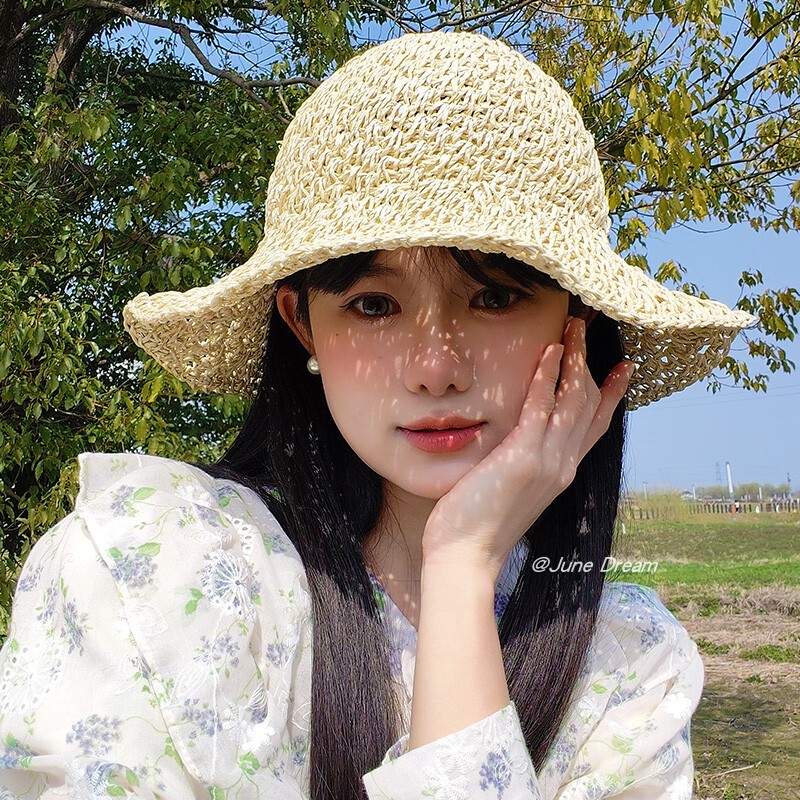 草帽女夏季沙滩帽子花朵可折叠