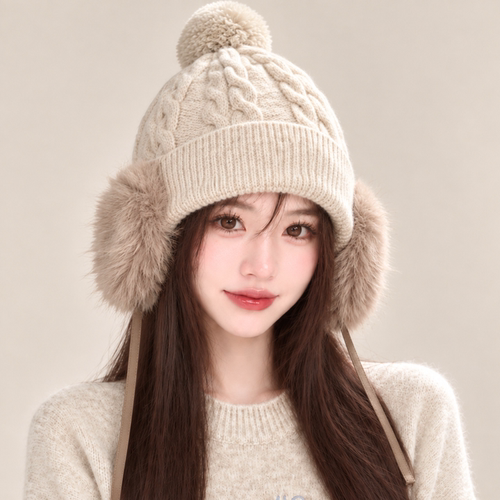 温暖毛球系带护耳针织帽女秋冬