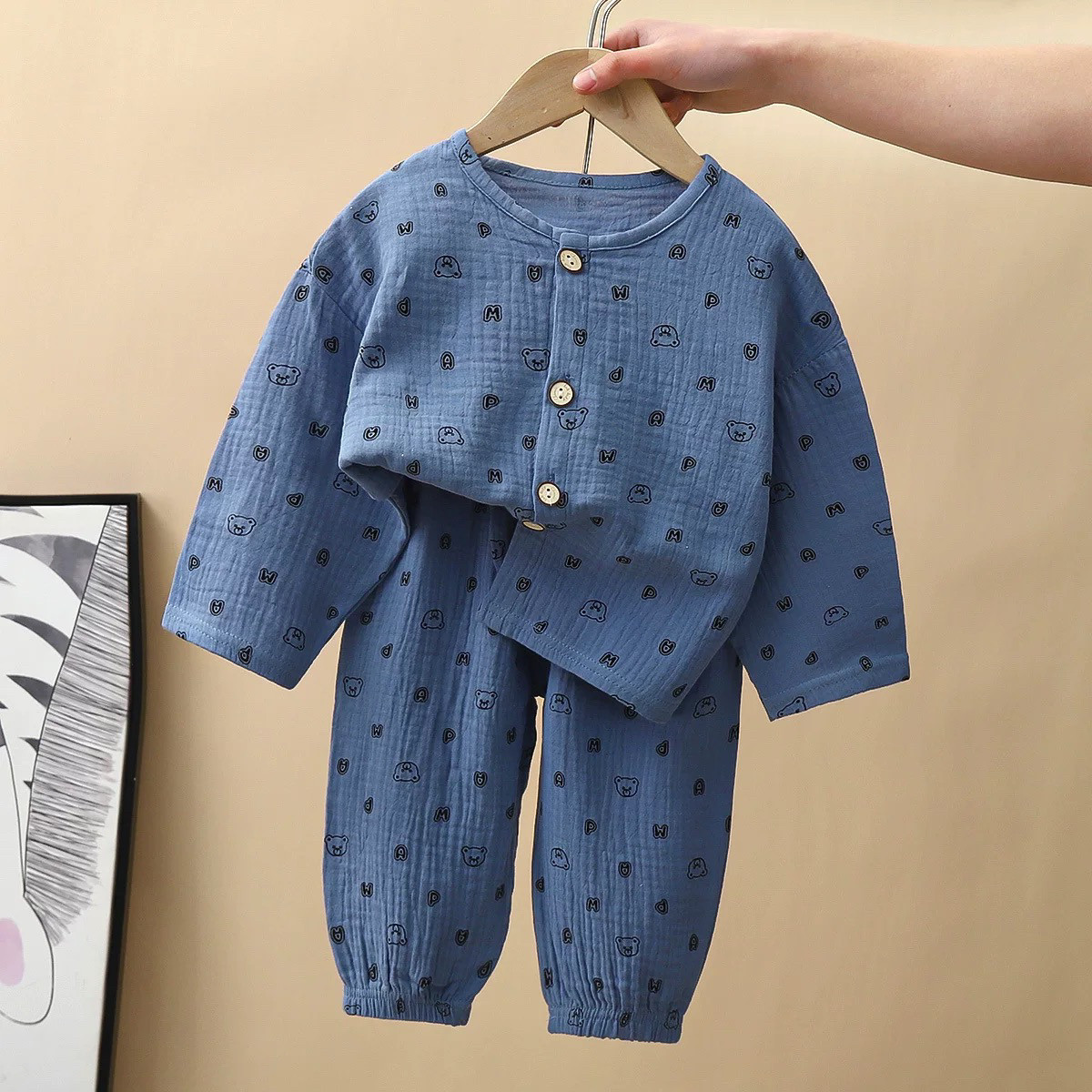 儿童双层棉纱睡衣套装小孩纯棉衣服帅气宝宝春夏家居服开衫两件套
