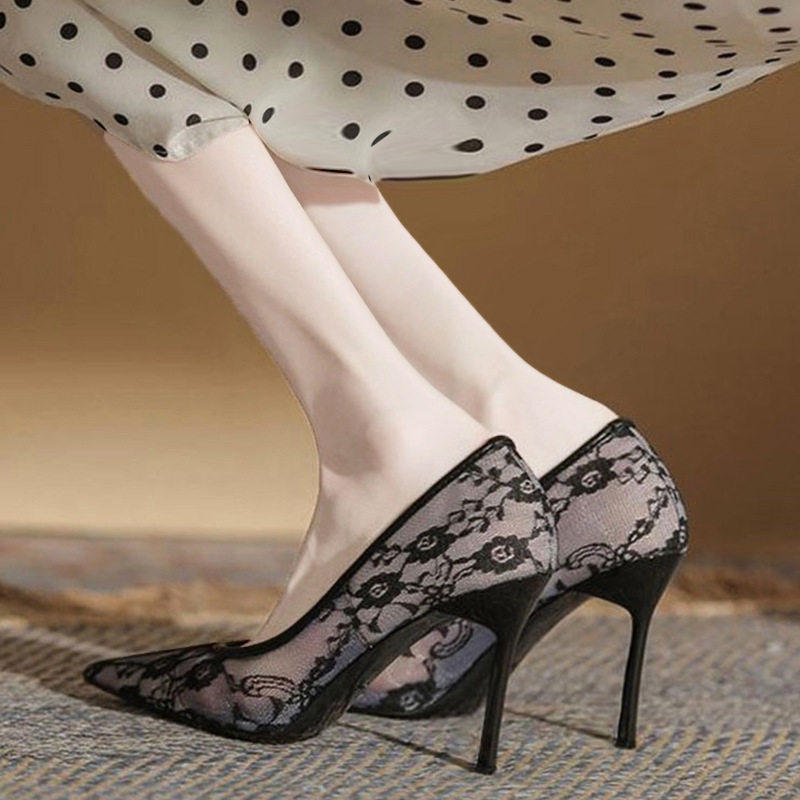 蕾丝面高跟鞋黑色2024夏季新款尖头细跟性感网面镂空夜店女百搭鞋