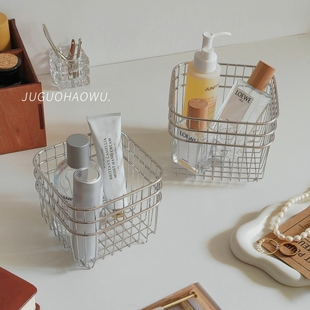 ins桌面不锈钢收纳筐化妆品杂物收纳篮卫生间台面洗漱用品置物架
