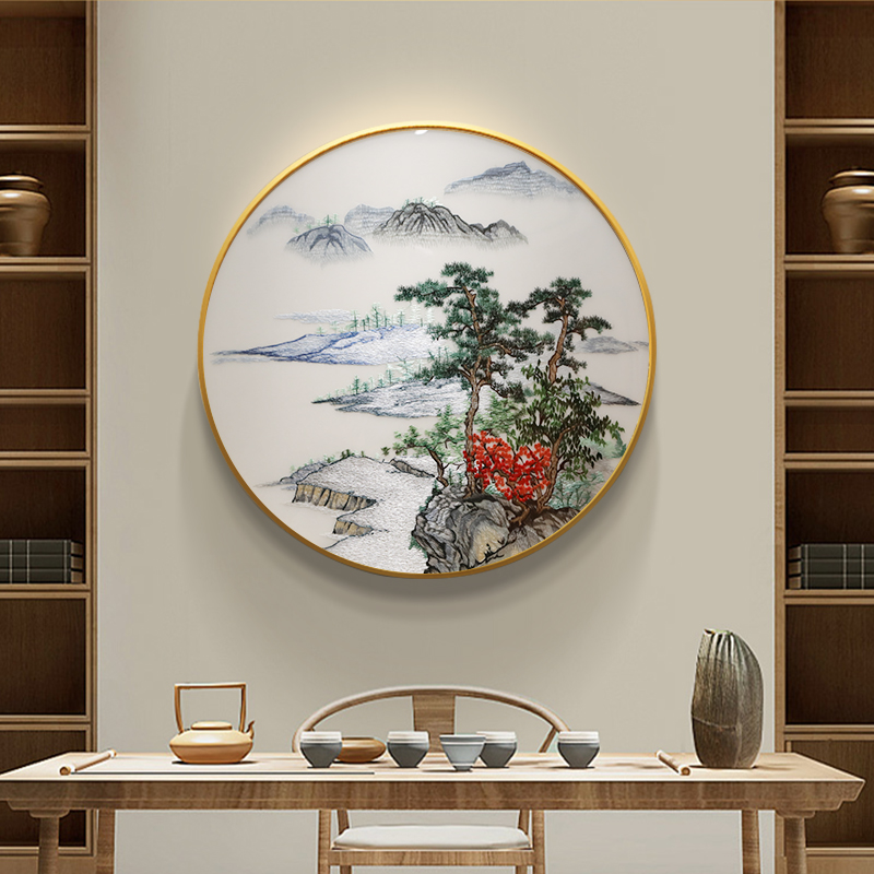 刺绣玄关装饰画圆形茶室餐厅壁画新中式山水画立体感吃饭厅挂画图片