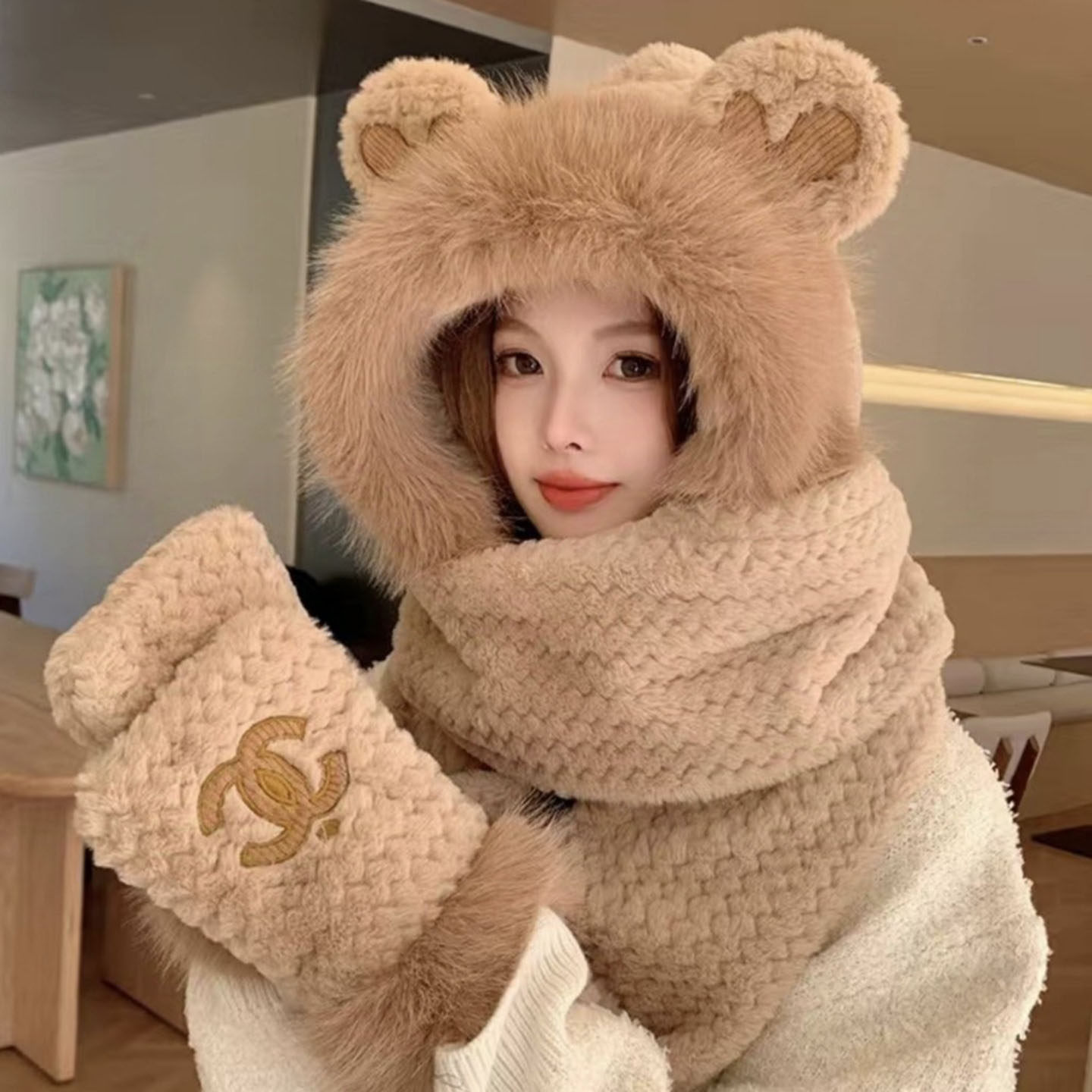 小熊帽子围巾手套一体三件套冬季毛绒新款可爱骑车加厚防风保暖女,服饰配件/皮带/帽子/围巾,三件套,淘宝优惠券,粉丝福利购,淘宝优惠卷