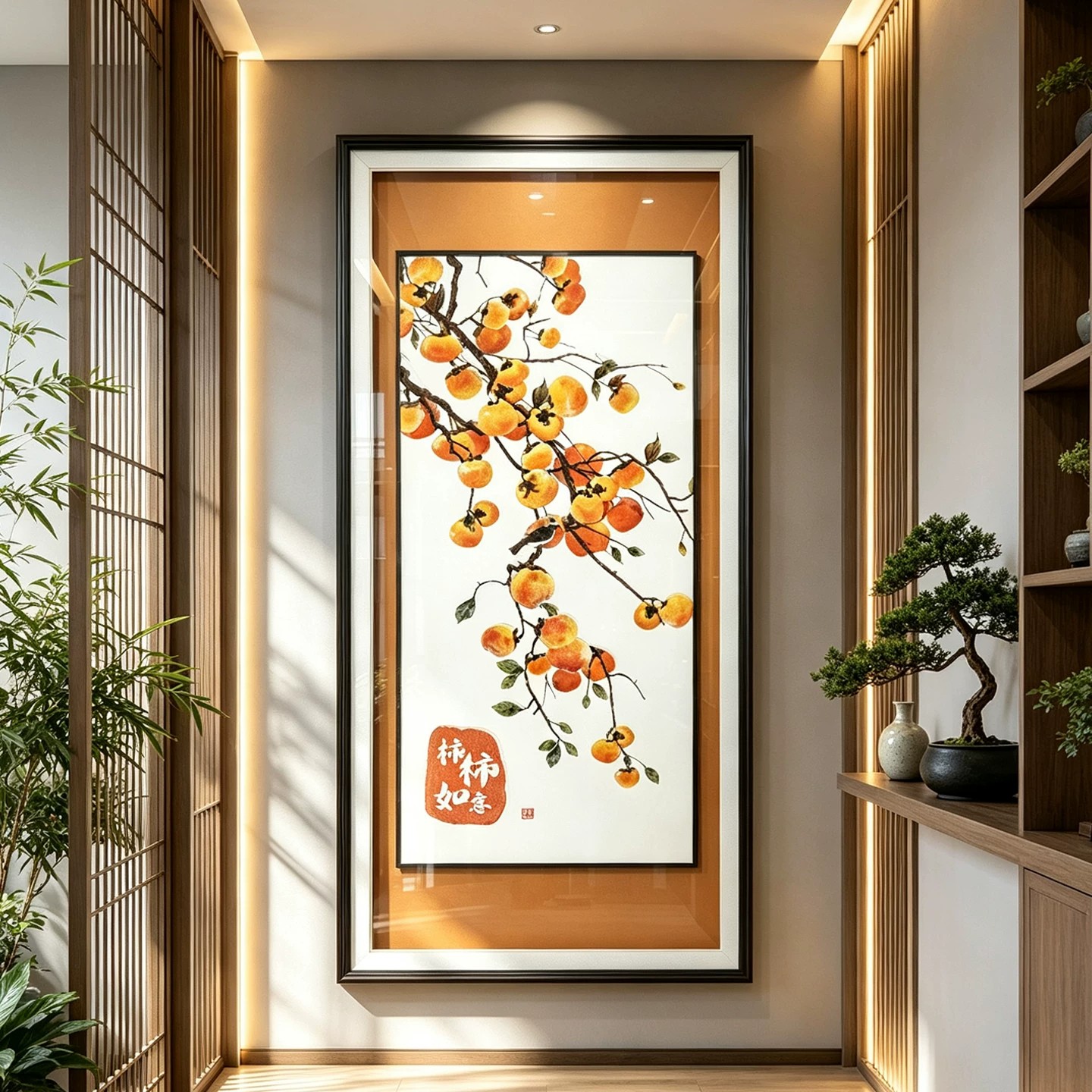中式柿柿如意刺绣实木框装饰画
