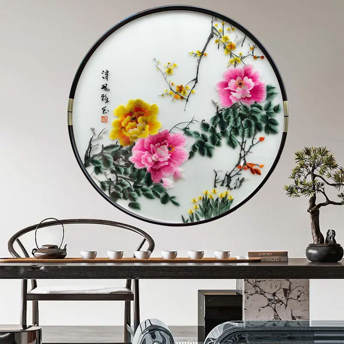 中国风牡丹刺绣圆形客厅餐厅挂画