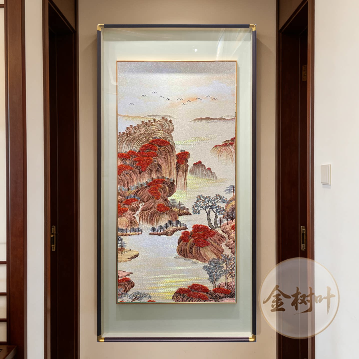 中式山水金树叶悬浮装裱玄关画