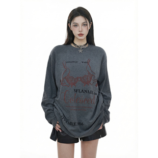 BW 宽松慵懒风显瘦印花长袖T恤灰色打底衫女超凡舒适极简主义穿搭