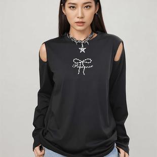 中长款 T恤女打底衫 宽松上衣女慵懒风2025新款 圆领黑色长袖