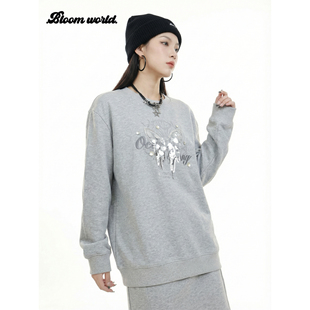 裙两件套灰色 蝴蝶印花宽松圆领卫衣半身裙套装