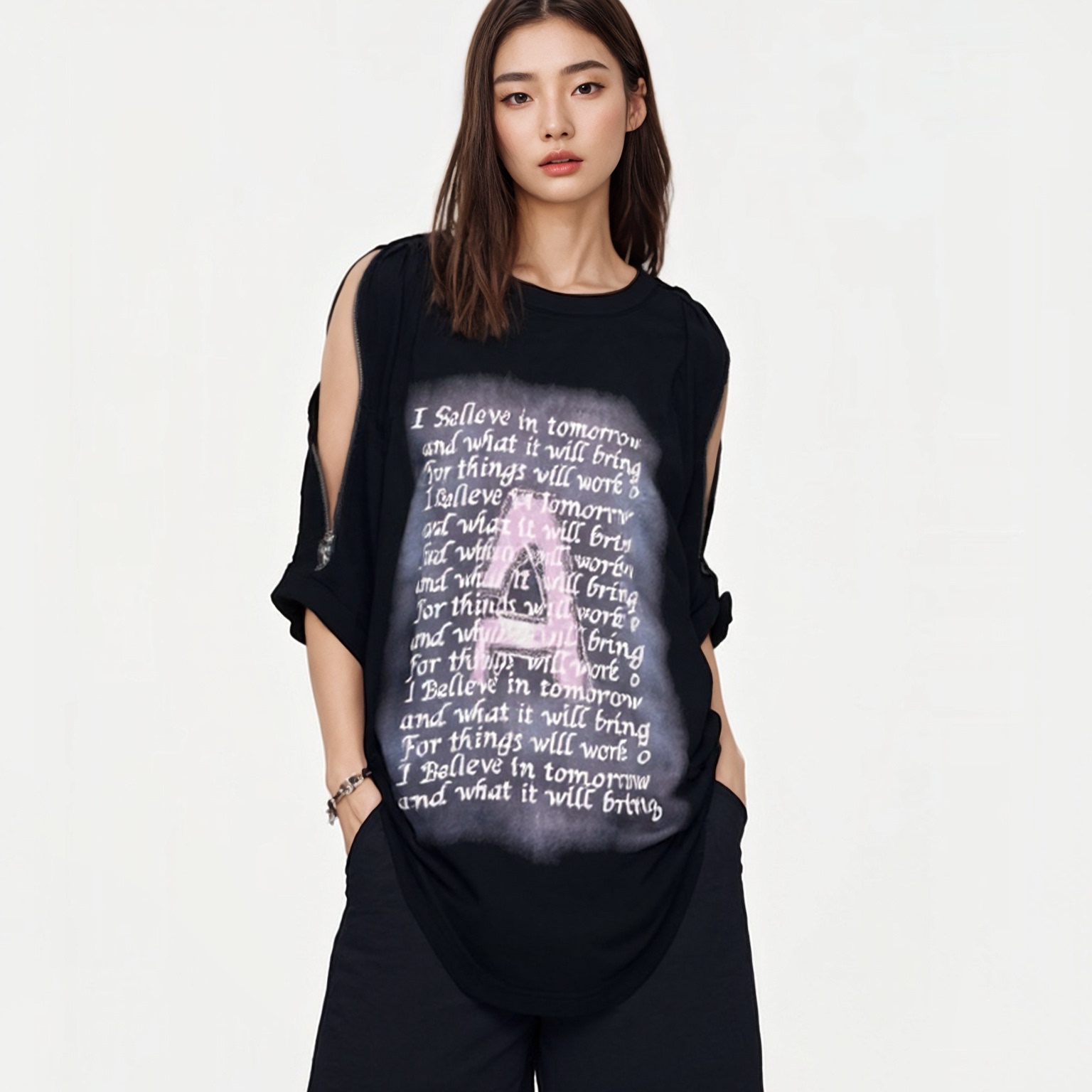 BW 2025夏季新款复古黑短袖T恤女宽松慵懒黑色短袖上衣中长款