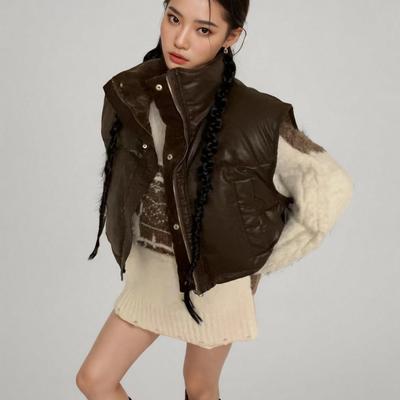 BW 冬季新款两面穿羽绒马甲女短款白鸭绒背心无袖2025年冬季咖色