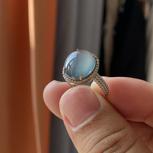 天然A货翡翠危地马拉牛仔蓝翡翠蛋面戒指925银镶嵌女款时尚百搭