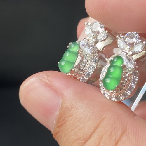 天然危地马拉翡翠冰种甜阳绿福豆耳钉耳坠耳饰可代镶嵌18K