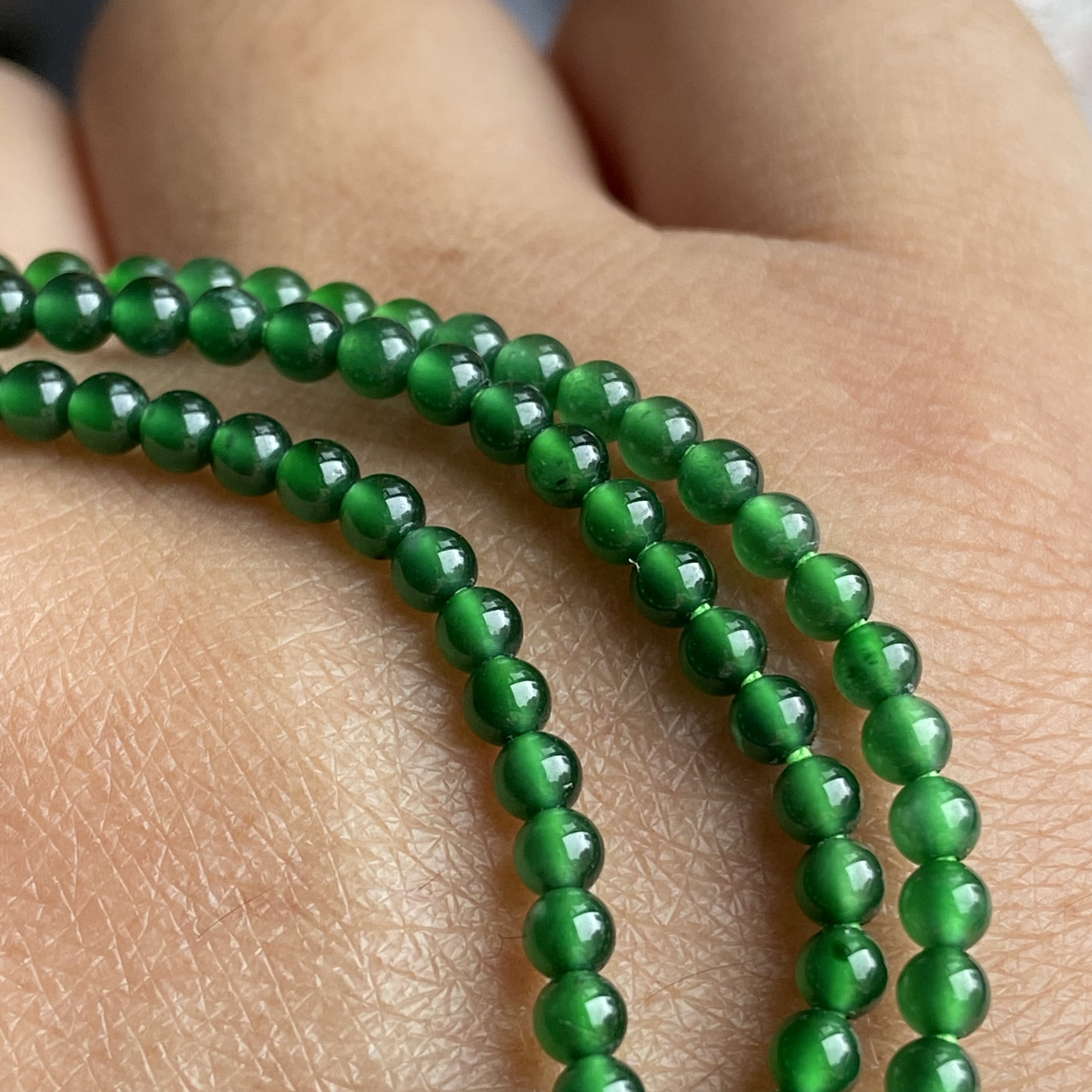 天然A货翡翠危地马拉翡翠冰种满绿辣绿色圆珠项链小米珠链毛衣链