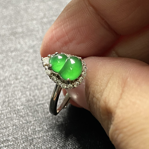 天然A货翡翠危地马拉翡翠冰种满绿葫芦戒指925银镶戒指圈口活口