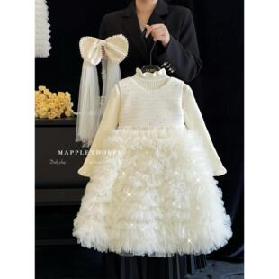 女童绝美连衣裙秋冬款儿童富家千金感公主裙洋气白色小香风礼服裙