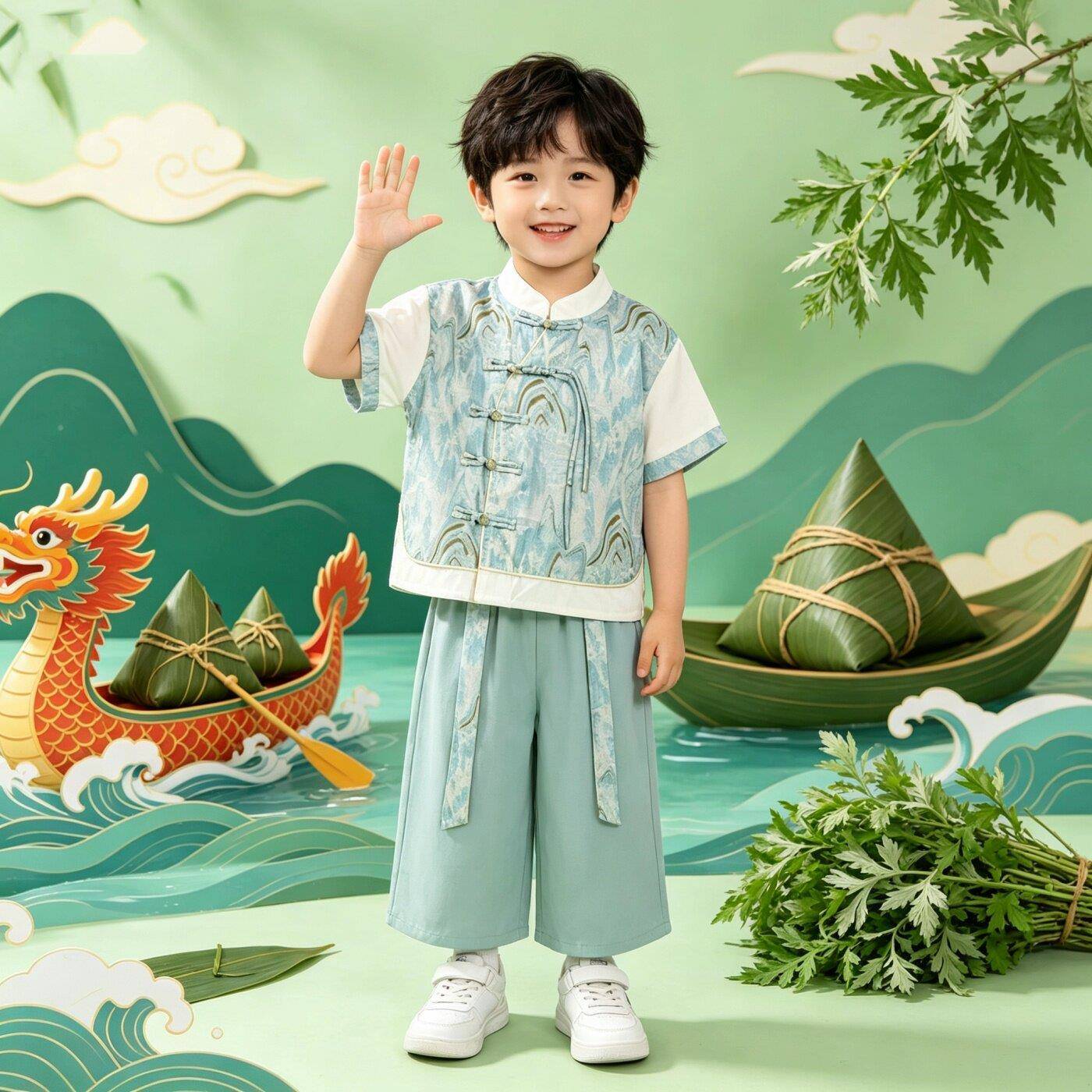 男童中式汉服夏装新款幼儿诗词朗诵儿童端午节国风表演服男宝唐装