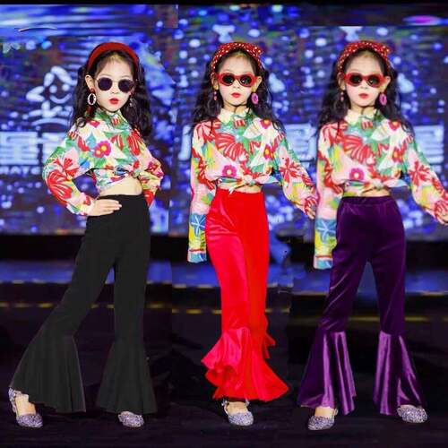 儿童六一复古港风喇叭裤走秀演出服8090女童怀旧年代主题港风表演