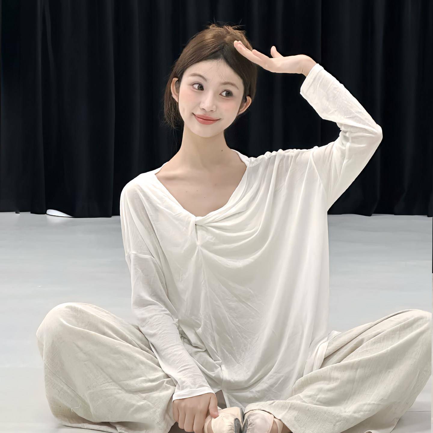 现代舞上衣女白色舞蹈罩衫宽松飘逸成人艺考练功服古典舞长袖T恤