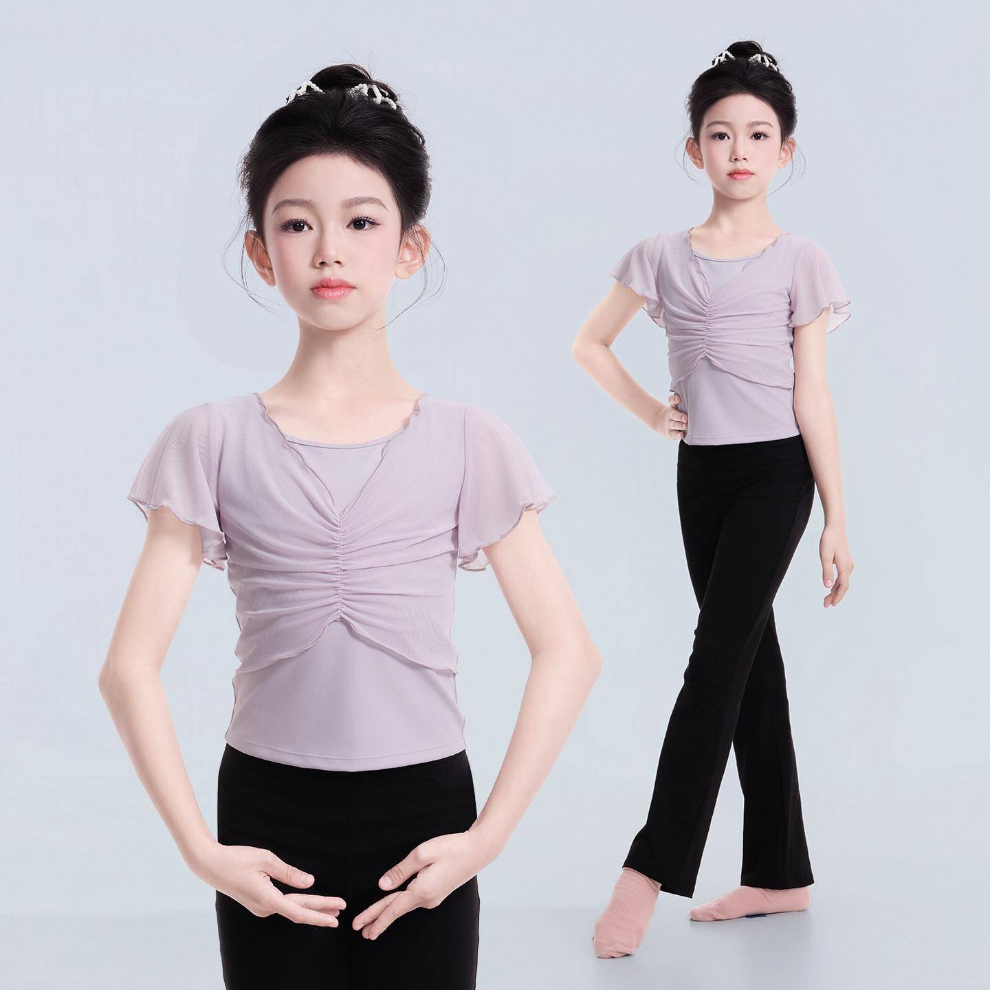 儿童舞蹈服上衣现代中国芭蕾舞显瘦假两件夏季飞袖短袖形体练功服图片
