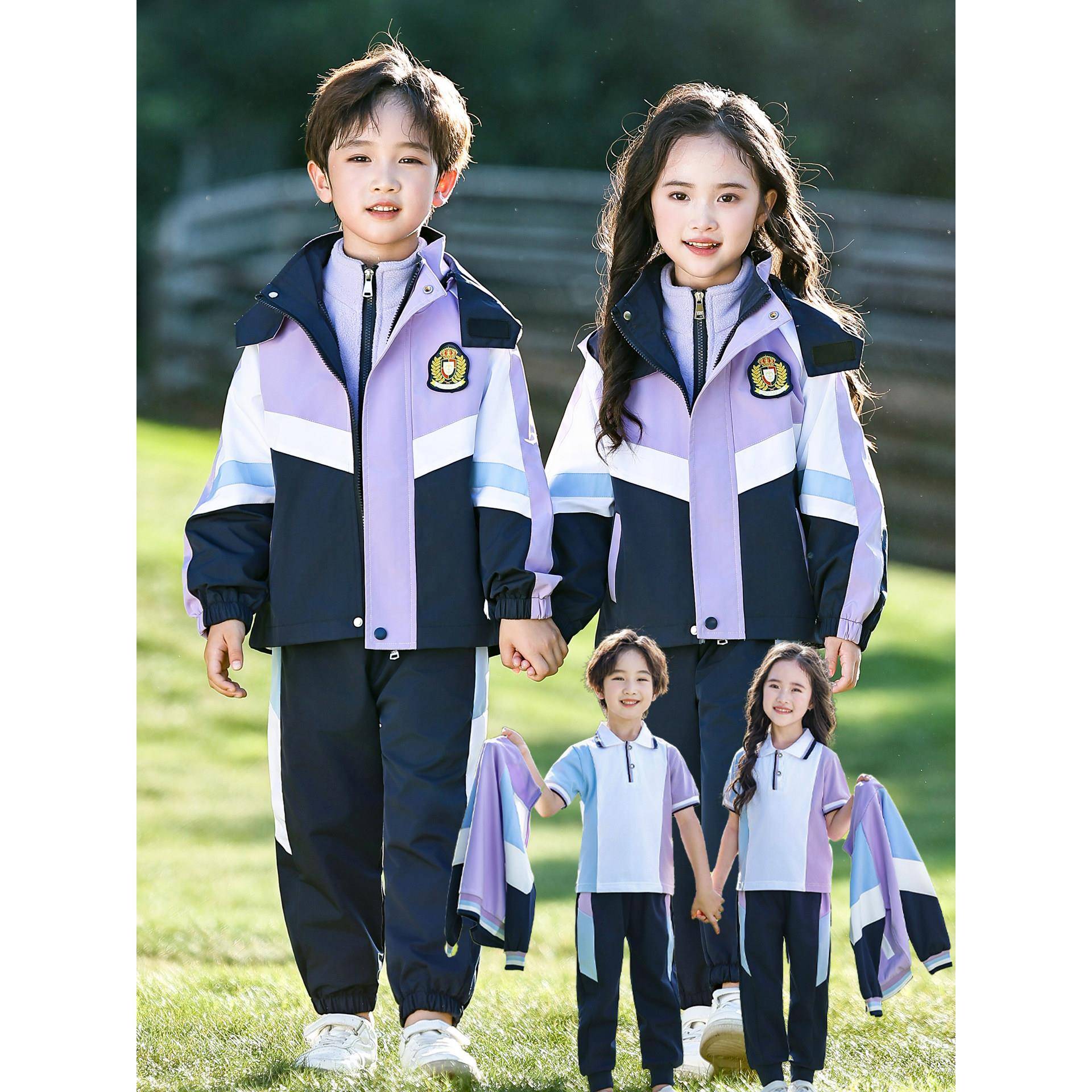 幼儿园园服春秋款冬季冲锋衣三件套小学生校服运动会加厚儿童班服