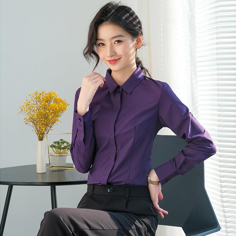 职业衬衫女紫色春夏长袖工作服免熨烫抗皱高级感工装白衬衣修身气图片