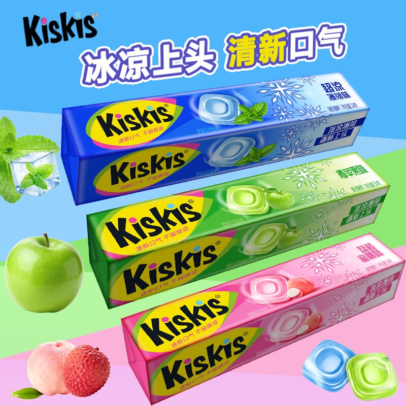 苹果味糖果Kiskis酷滋薄荷糖条装34g冰凉薄荷硬糖青苹果