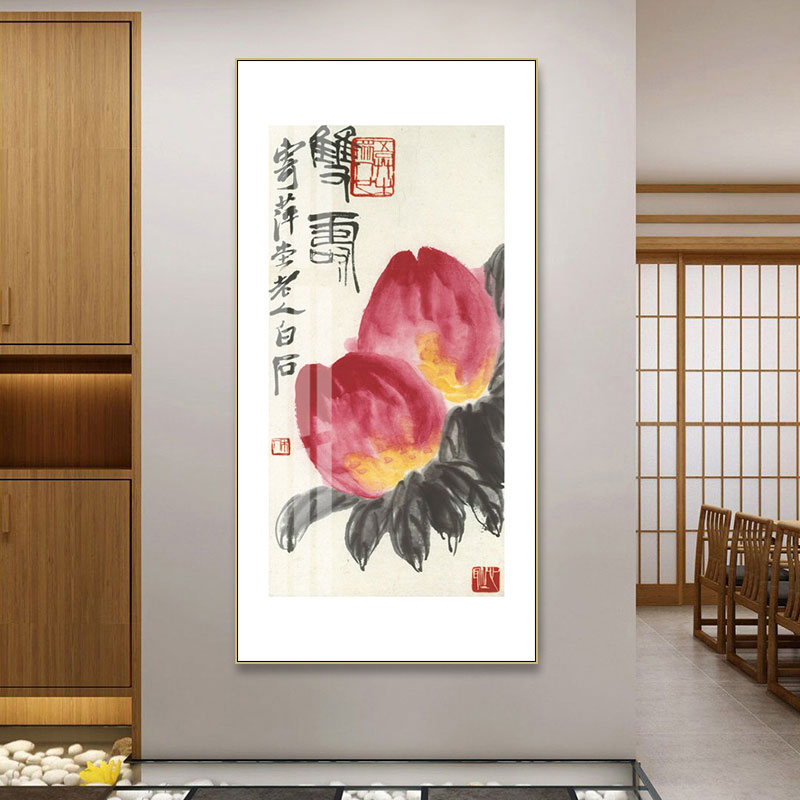 新中式装饰画齐白石水墨虾寿桃荷花客厅壁画名家书画过道走廊挂画图片