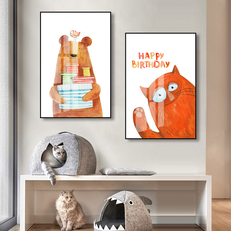 北欧温馨儿童房装饰画创意可爱卡通动物小狮子猫咪狗狗插画挂画图片