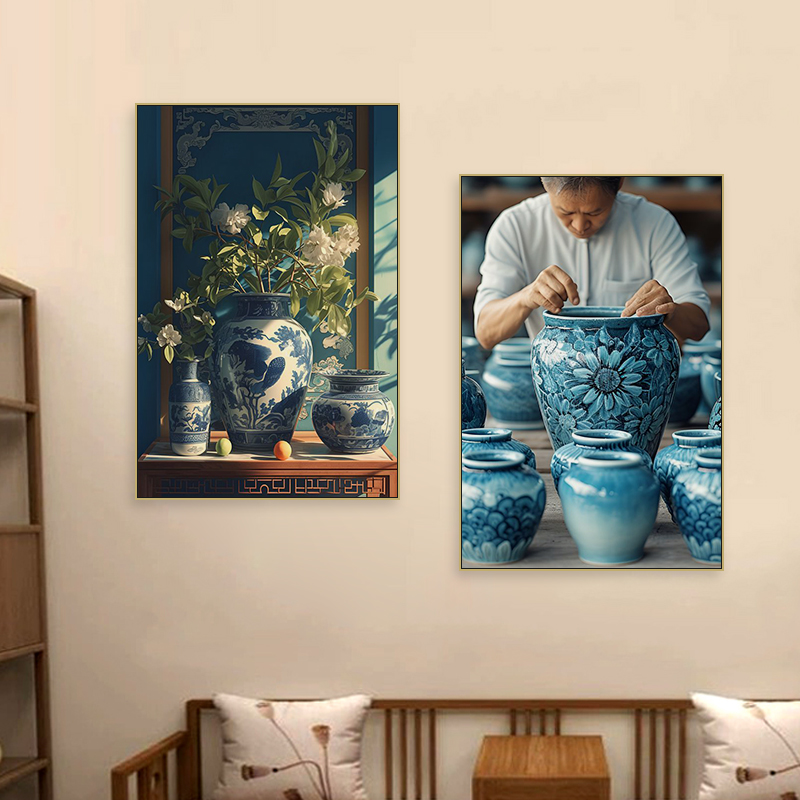 青花瓷装饰画蓝色花瓶画新中式客厅挂画中国风简约餐厅书房玄关画图片